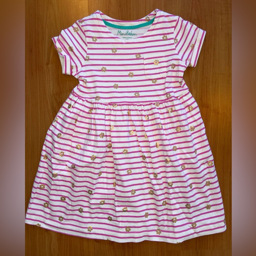 5-6Y | Mini Boden Pink & White Striped Dress with Pockets